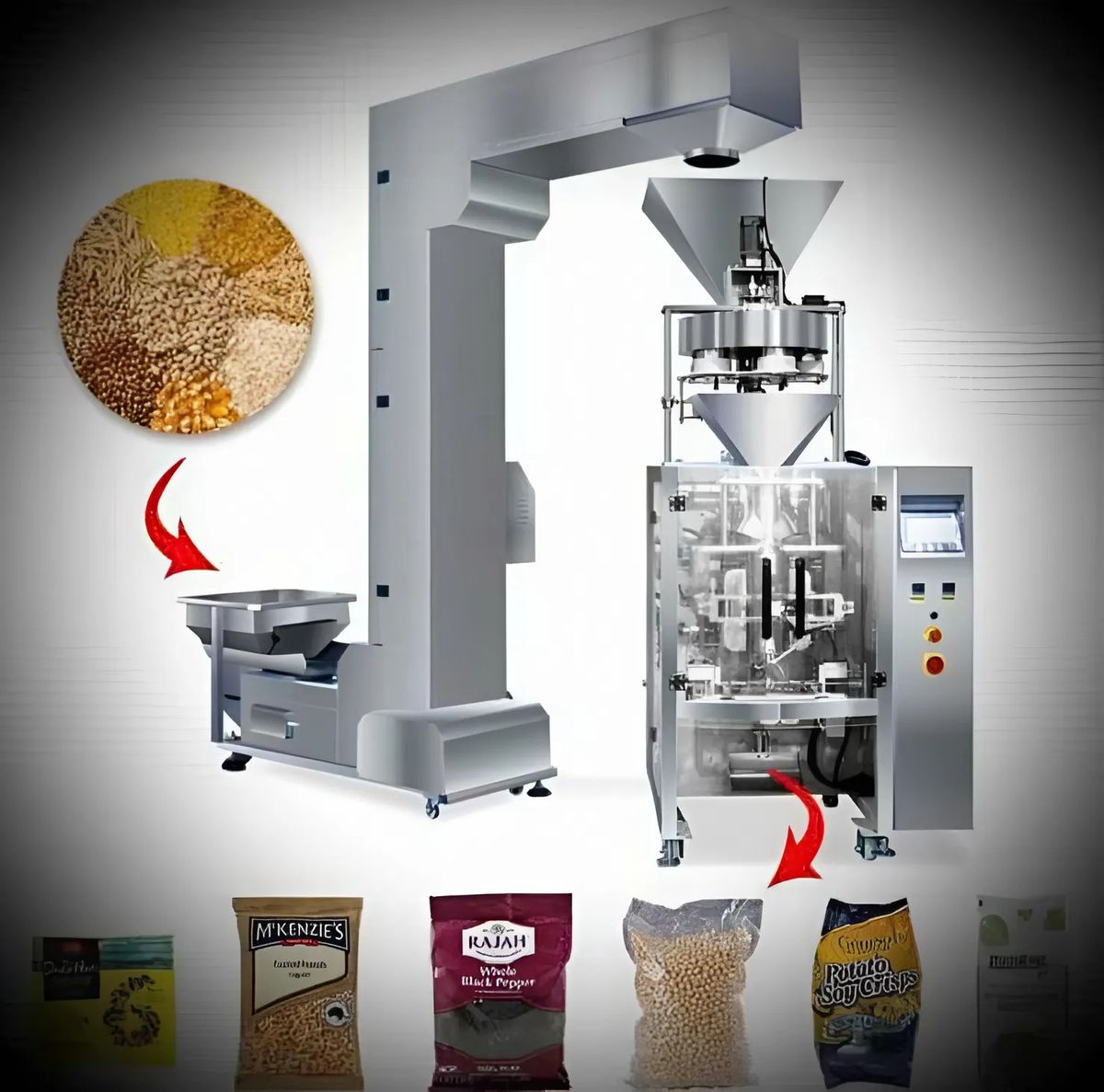 Băng tải và đầu cân định lượng trước khi tiến hành đổ nguyên liệu vào gói